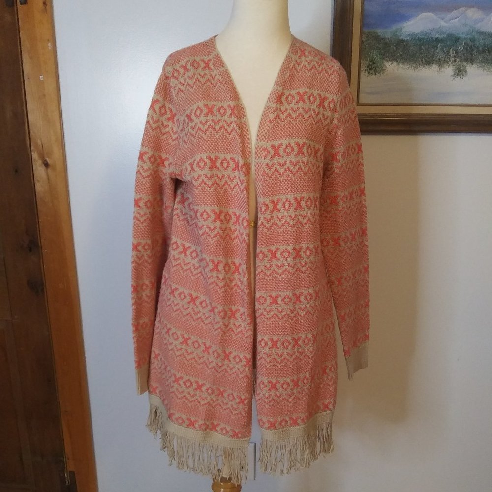 NWT Natural Reflections Aztec open front sweater with fringe Large